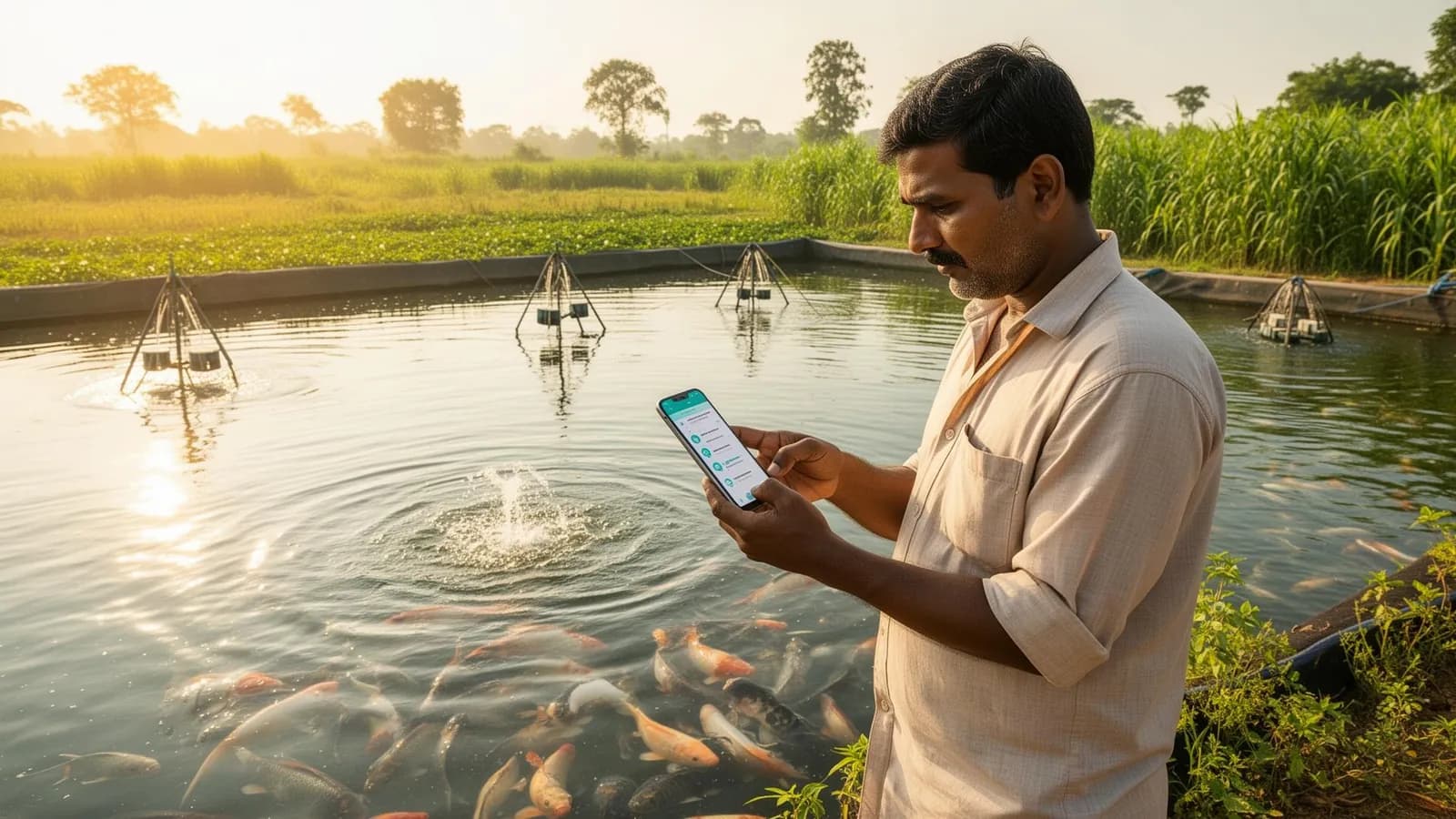 An aquaculture advisor talking with a farmer at a pond